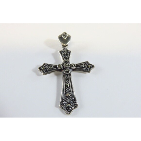 Blackened Silver Christian Cross Pendant Marcasite Sterling Cross Pendant 1 5/8" - Picture 2 of 6